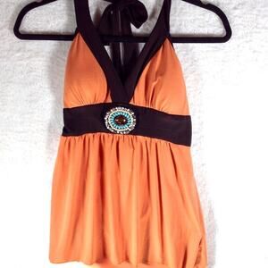 149. BCX Halter Tie Blouse Sleeveless Orange Brown Medium Built in Bra